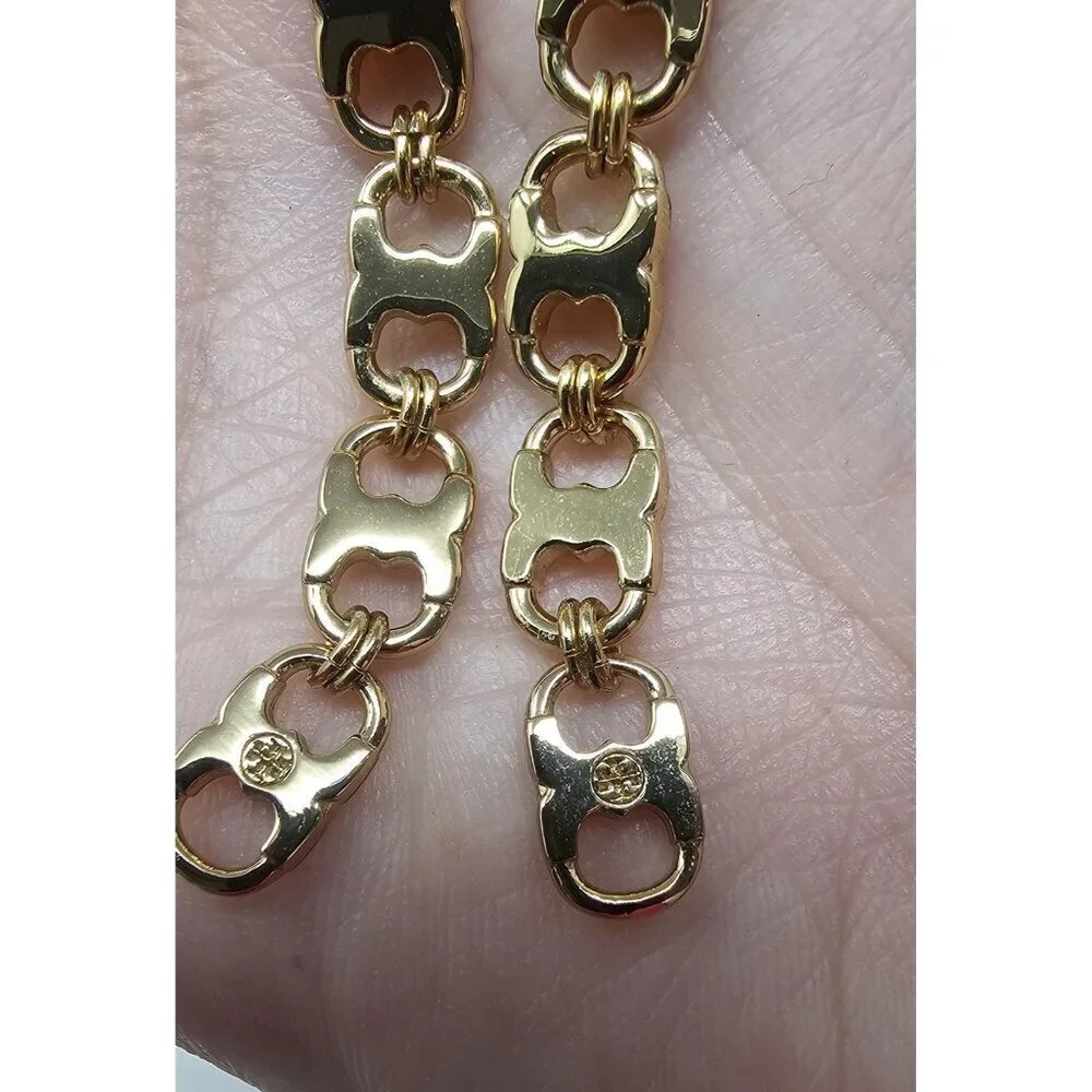 Tory Burch Drop Earrings Gold Tone Logo Gemini Chain Link Dangle Women’s 3